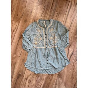 Arrata Silent Journey Womens Dusty Blue Cotton Beaded Tunic Blouse Size Large